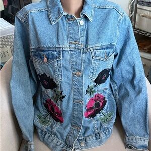 Topshop Blue Denim Jacket with Floral Embroidery